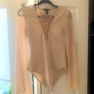 Lace up, sheer sleeved bodysuit